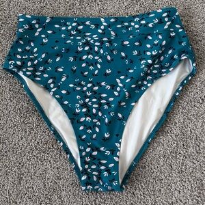 Teal Floral High-Waisted Bikini Bottom, Women’s Size Medium M